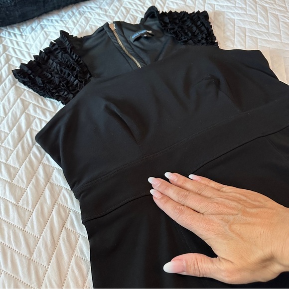 Saint Tropez West Black Ruffle Sleeve Sheath Size 8 Minimalist Quiet Luxury LBD - Picture 13 of 16